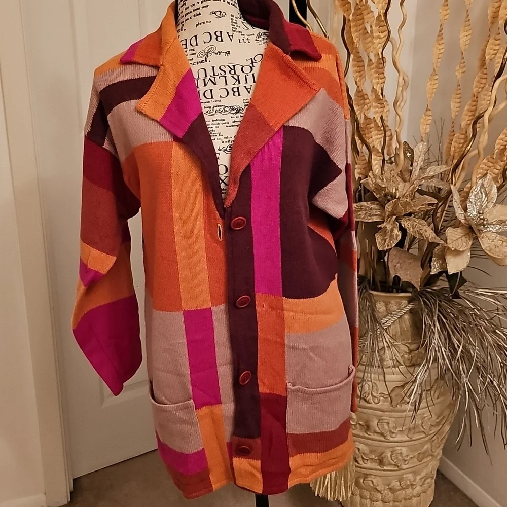 ORANGE MULTI COLOR BUTTON DOWN SWEATER - Picture 2 of 9